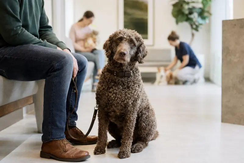 Ein Curly-Coated Retriever sitzt ruhig neben seinem Besitzer im hellen Wartezimmer einer modernen Tierarztpraxis.